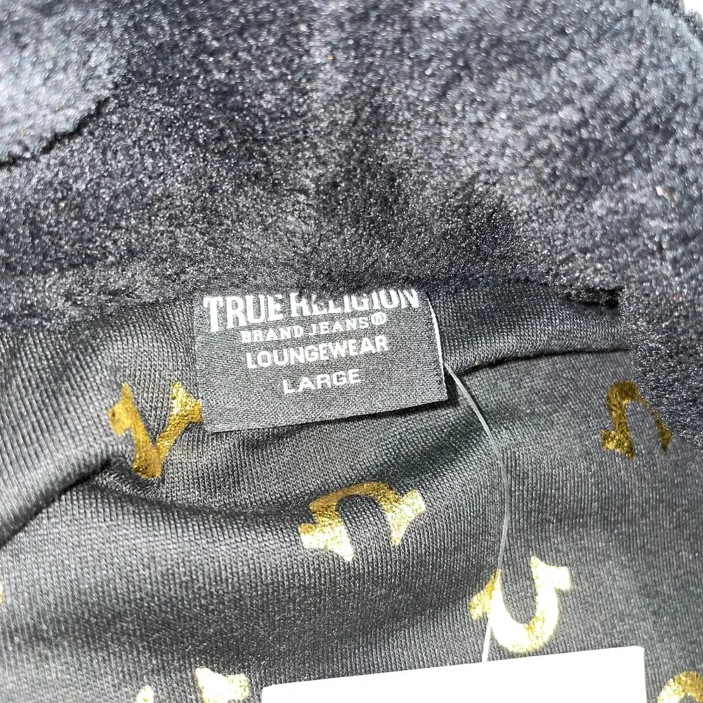 True Religion Mens Black Gold Horseshoe Plush Fleece Loungewear Robe Large NEW